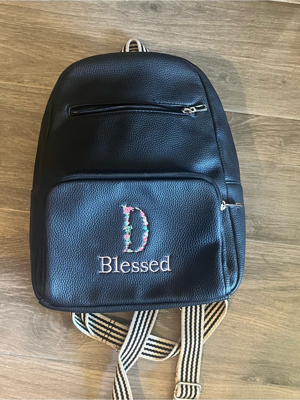 Black 'Blessed' Embroidered D Faux-Leather Women's Backpack